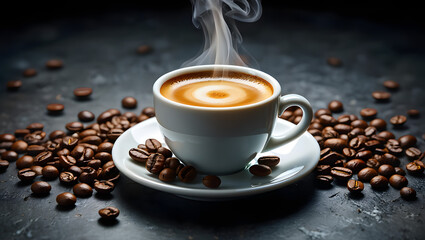 Fototapeta premium cup of coffee with beans, Hot coffee in a brown mug with roasted beans, perfect for a morning breakfast drink.