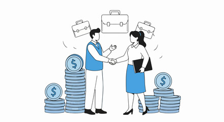 Clean and modern vector illustration featuring two simplified figures shaking hands across stacks of coins, symbolizing a business deal, financial agreement, or partnership.