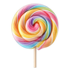 Colorful swirl lollipop, vibrant rainbow colors, round candy on a stick