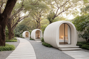 serene urban landscape featuring modern ecofriendly capsule hotels surrounded by lush greenery and soft lighting