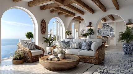 ethnic coastal aesthetic living room with serene ocean backdrop high resolution image