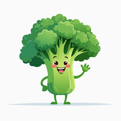 A cute broccoli cartoon with tiny limbs, standing and waving with a smile, in clean vector style on white-generative AI