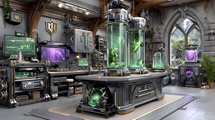 Futuristic sci-fi lab filled with glowing green vials and alien crystals high resolution image