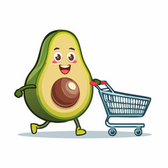 A cartoon avocado with facial features and limbs, looking thrilled while pushing a shopping cart, depicted in minimalist vector style-generative AI