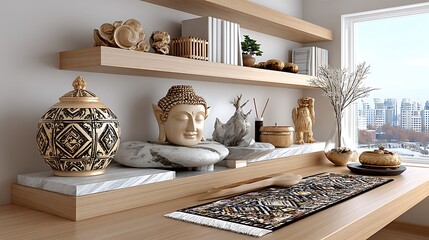 Harmonious blend of eastern art wooden sculptures zen stones and botanical accents in a minimalist room high resolution image