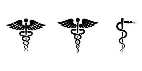 Fototapeta premium medical and pharmacy icon pack with traditional symbols like the bowl of hygieia, caduceus, rod and snake, and star of life designed for health apps, clinics, and drugstore branding