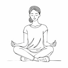 Obraz premium A peaceful woman figure sketched in clean black line art, sitting cross-legged in a minimalist vector style on a white background-generative AI