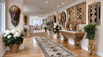 Interior hallway artfully displaying heritage wooden carvings and museum-style layout high resolution image