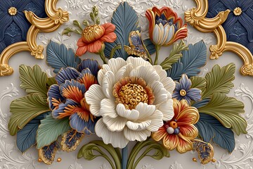 Intricate luxury flower wall decor with gilded petal textures and embossed foliage high resolution image
