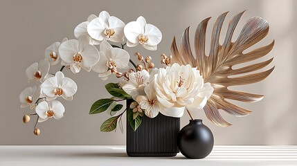 Luxurious tropical flower setup with ivory blooms and artistic dried leaves in sculptural black pottery high resolution image