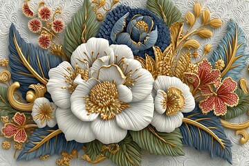 Luxury embossed floral wallpaper with blue white and gold petals and leaves high resolution image