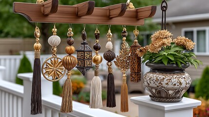 luxury handcrafted wind chimes and wood medallions for garden decoration under pergola during sunny day high resolution image