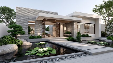 Luxury home facade with ornamental lanterns and lush zen landscaping high resolution image
