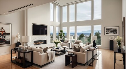 Fototapeta premium Living Room with Fireplace and Large Windows