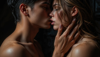 Close Up of Young Couple Kissing Tenderly with Dark Background