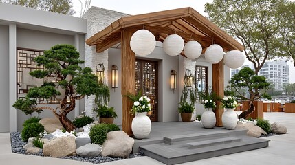 minimalist japanese-style front gate with clean lines and natural textures high resolution image