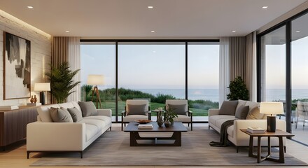 Fototapeta premium Living Room with Ocean View Furniture and Design