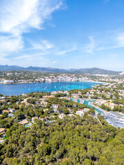 Santa Ponsa on Mallorca island aerial view from above marina with boats holiday by the sea beach portrait format in Spain