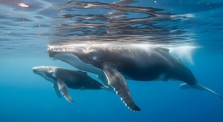 Obraz premium Humpback Whale with Calf Swimming Underwater