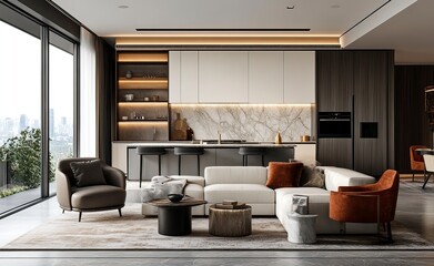 Obraz premium Modern living room interior design with a sofa and armchair, luxury home decor in an open-space kitchen, 3D rendering, stock photo, high-resolution photography, professional photograph. 