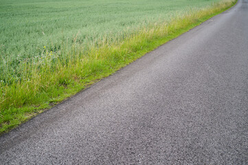 Asphalt road running along green field in rural landscape