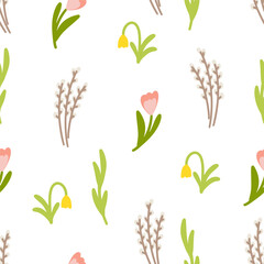 Seamless spring pattern with willows, tulips, and yellow bell flowers.