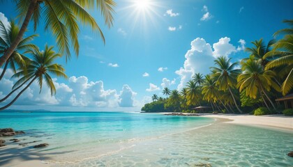 Beach landscape background image, beach, palm trees, sky, nature, banner texture poster advertising