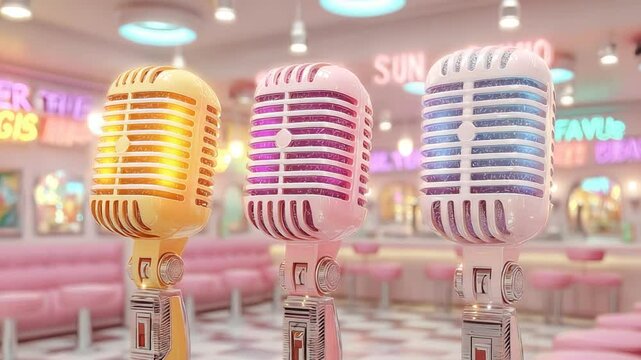 Retro Microphones in a 1950s Diner, Nostalgic Ambiance and Colorful Neon Signage