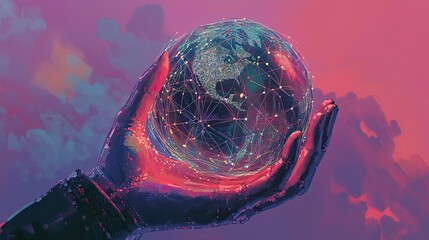 A digital hand holds a glowing Earth, network connections visible