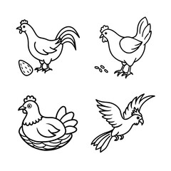 Farm Animals Line Art Illustrations Hen, Rooster, Chick, and Parrot