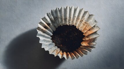 Used coffee filter with remnants of coffee grounds, casting a shadow on a textured surface