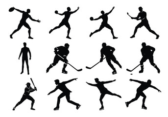 a Vector Silhouettes of Male Athletes Performing Discus Throw, Baseball, Ice Hockey, and Figure Skating on White Background
