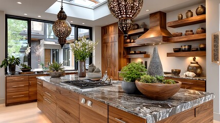 stylish kitchen setting with bonsai centerpiece and crafted backsplash high resolution image