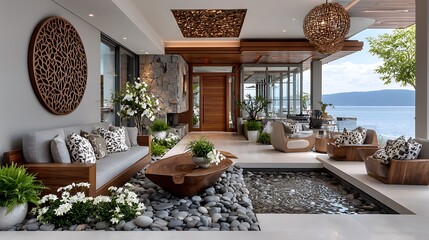 Stylish modern seaside patio with white cushions and potted greenery high resolution image