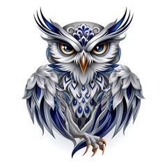 Stylized fierce owl emblem in silver and navy tones high resolution image