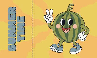 Cheerful Cartoon Watermelon Groovy Character Celebrating Summer