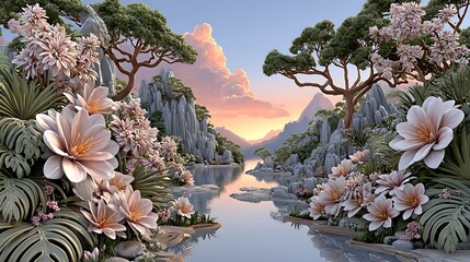 Sunset over jungle river gorge surrounded by blooming tropical flora high resolution image