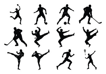 Silhouettes of Male Athletes Performing Various Sports Activities and Martial Vector Arts on White Background