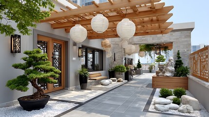 tranquil asian courtyard featuring decorative gate and landscaped rock path high resolution image
