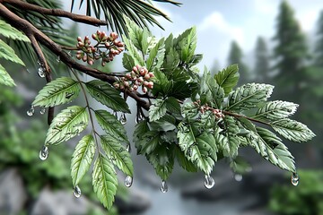 Tranquil branch with rain-soaked leaves and blossoms in early dawn light high resolution image