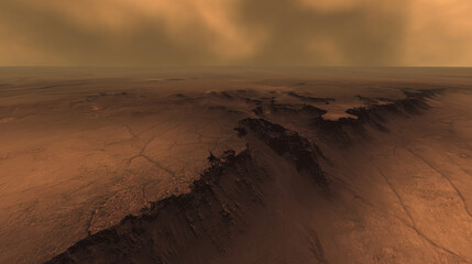 Martian canyon with dark streaks and crystalline ice under cracked surface, dust storm approaching