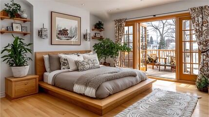 tranquil room setting with layered bedding and potted greenery accents high resolution image