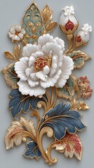 vertical 3d floral emboss artwork with layered petals and golden leaves high resolution image