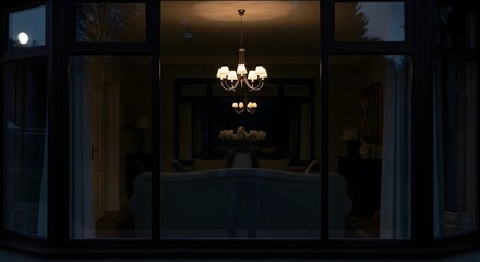 Interior of Living Room Seen Through Window at Night