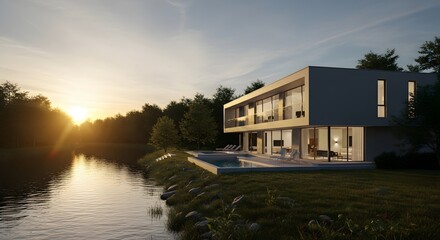 Modern House by Lake at Sunset