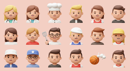Set of Cute 3D Cartoon Characters Representing Various Ages and Professions