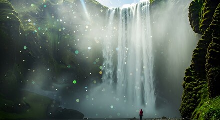 Waterfall with Person in Iceland Landscape