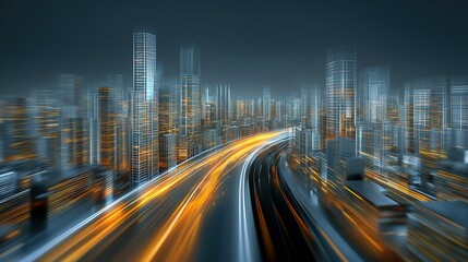 Naklejka premium Futuristic cityscape with glowing structures and digital pathways, showcasing advanced urban innovation.