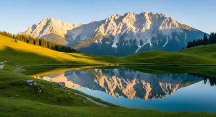 Mountain Reflecting on Lake Surrounded by Green Meadow