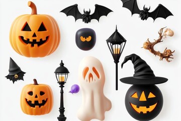 3D Rendered Halloween Scene Pumpkins, Bats, Ghosts and More!, Halloween, 3D render